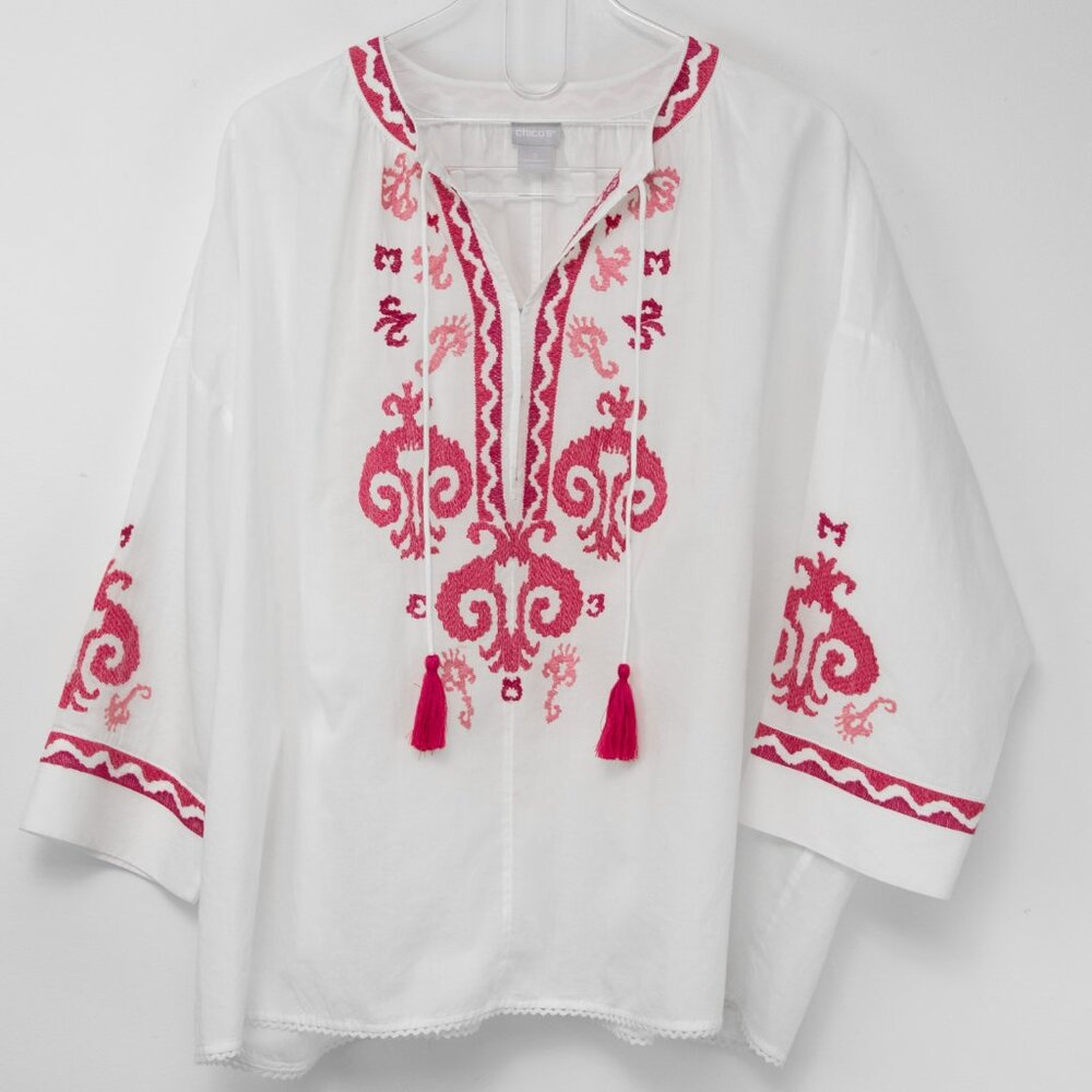 Chico's Embroidered Tie Neck Peasant Top 100% Cotton Haute Pink White Sz 2 12/14 - Picture 2 of 6